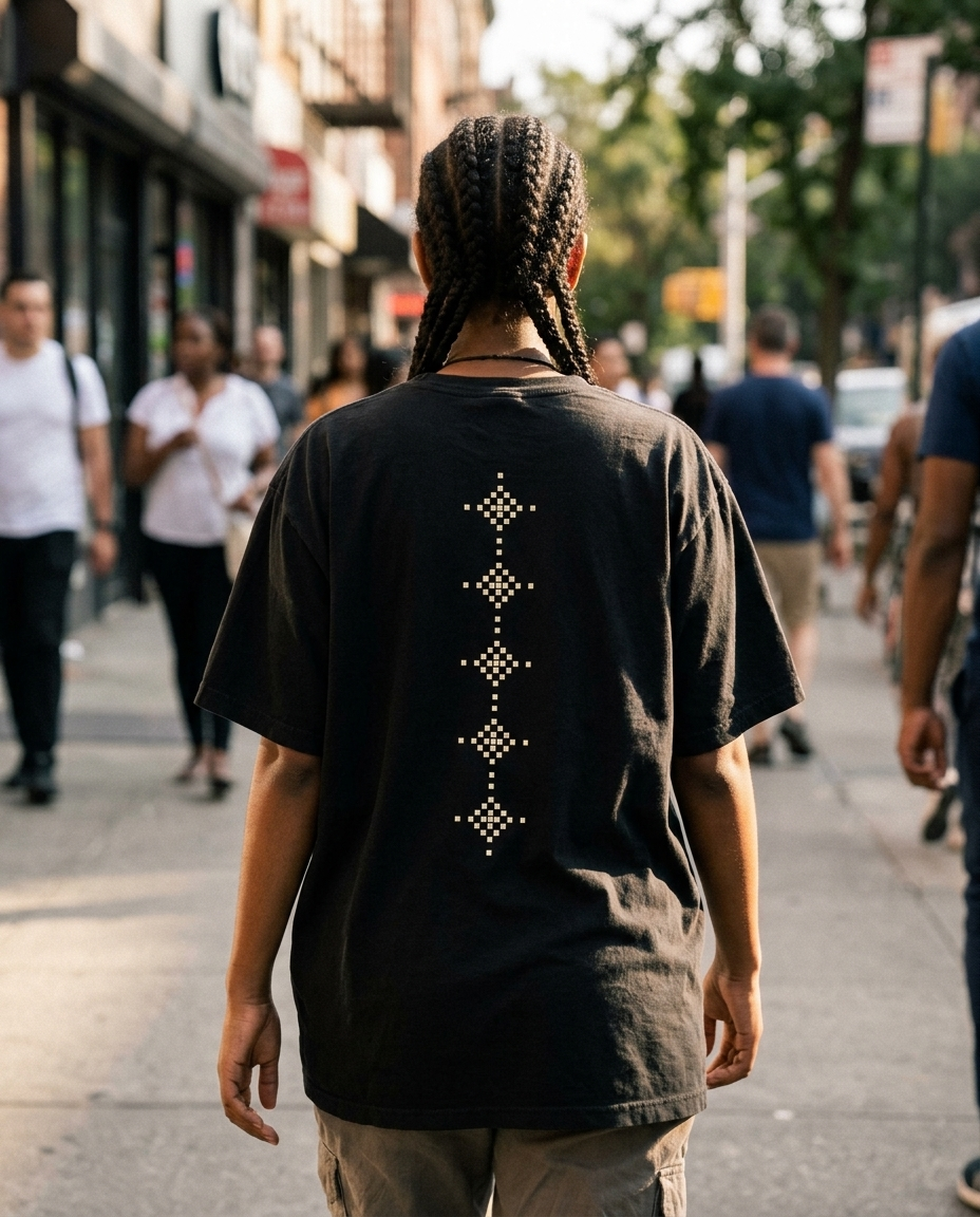 Back of the Tilet Modern tee with a column of tilet motifs